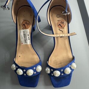 Stylish Blue Women's Heels with Pearl Accents